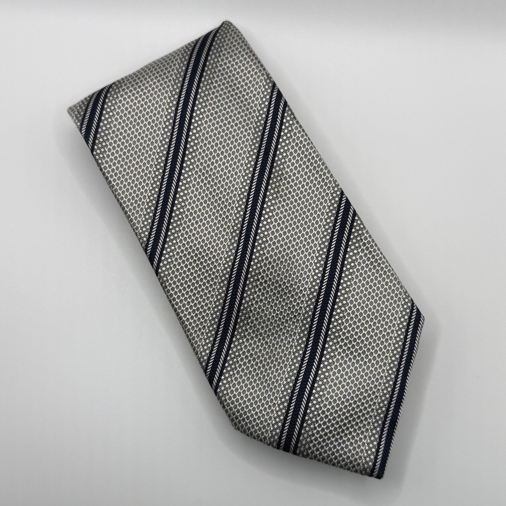 Brioni Silk Tie OS Silver Navy Blue Striped Geometric Luxury Italian Formal Men